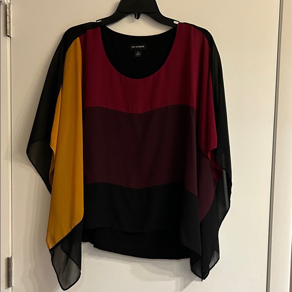 I.N. Studio Burgundy, Mustard & Black Colorblock Flutter Tunic